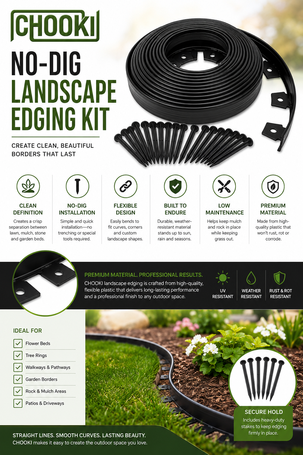 Chooki No-Dig Landscape Edging Kit 100 ft x 1.5 in, Flexible Plastic Garden Border Edging with Heavy-Duty Anchoring Stakes, Black Lawn Edging for Flower Beds, Gardens, Walkways & Landscaping
