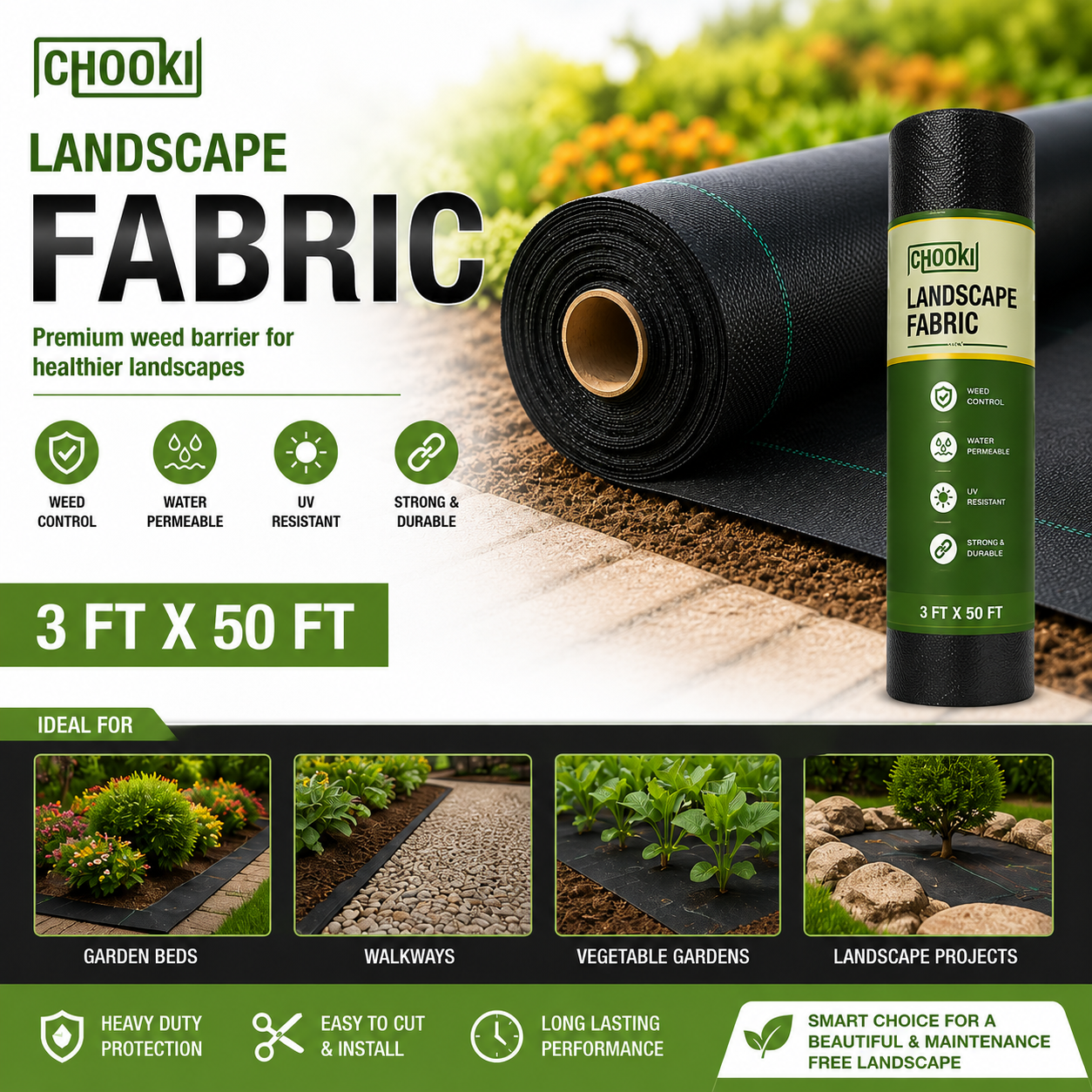 CHOOKI Professional Weed Barrier Fabric – Heavy Duty Landscape Fabric for Gardens, Mulch Beds, Pathways & Gravel Areas 3Feet x 50Feet