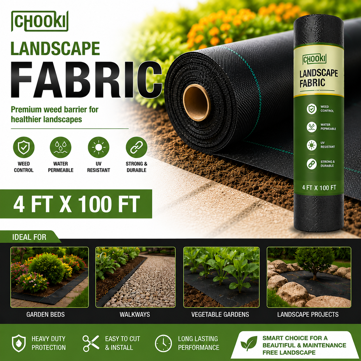 CHOOKI Professional Weed Barrier Fabric – Heavy Duty Landscape Fabric for Gardens, Mulch Beds, Pathways & Gravel Areas 4Feet x 100Feet