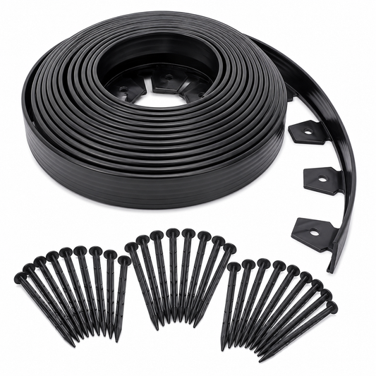 Chooki No-Dig Landscape Edging Kit 100 ft x 1.5 in, Flexible Plastic Garden Border Edging with Heavy-Duty Anchoring Stakes, Black Lawn Edging for Flower Beds, Gardens, Walkways & Landscaping